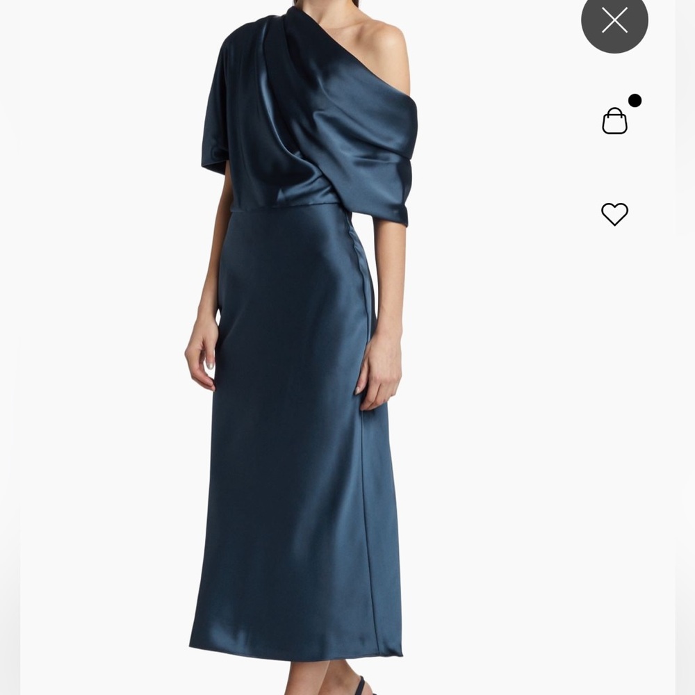 Amsale french blue draped satin pencil midi-dress ( the slouch slim midi dress)